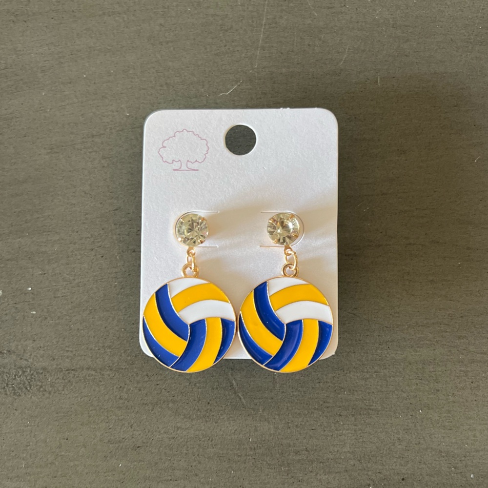 Volleyball Yellow & Navy Blue Rhinestone Post & Gold Enamel 1” Sports Earrings